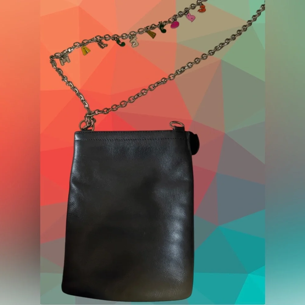 Marc Jacobs Black Leather Shoulder Bag with Silver Charm Logo Chain Strap